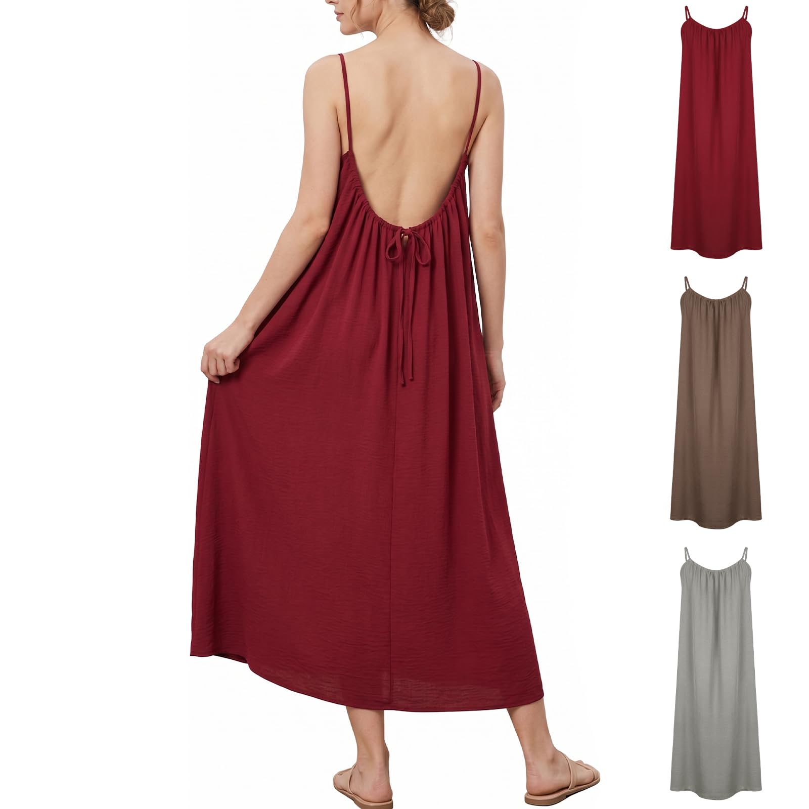 Aomig Damskie sukienki z odkrytymi plecami Boho bez rękawów ramiączkami spaghetti lejąca się letnia długa sukienka