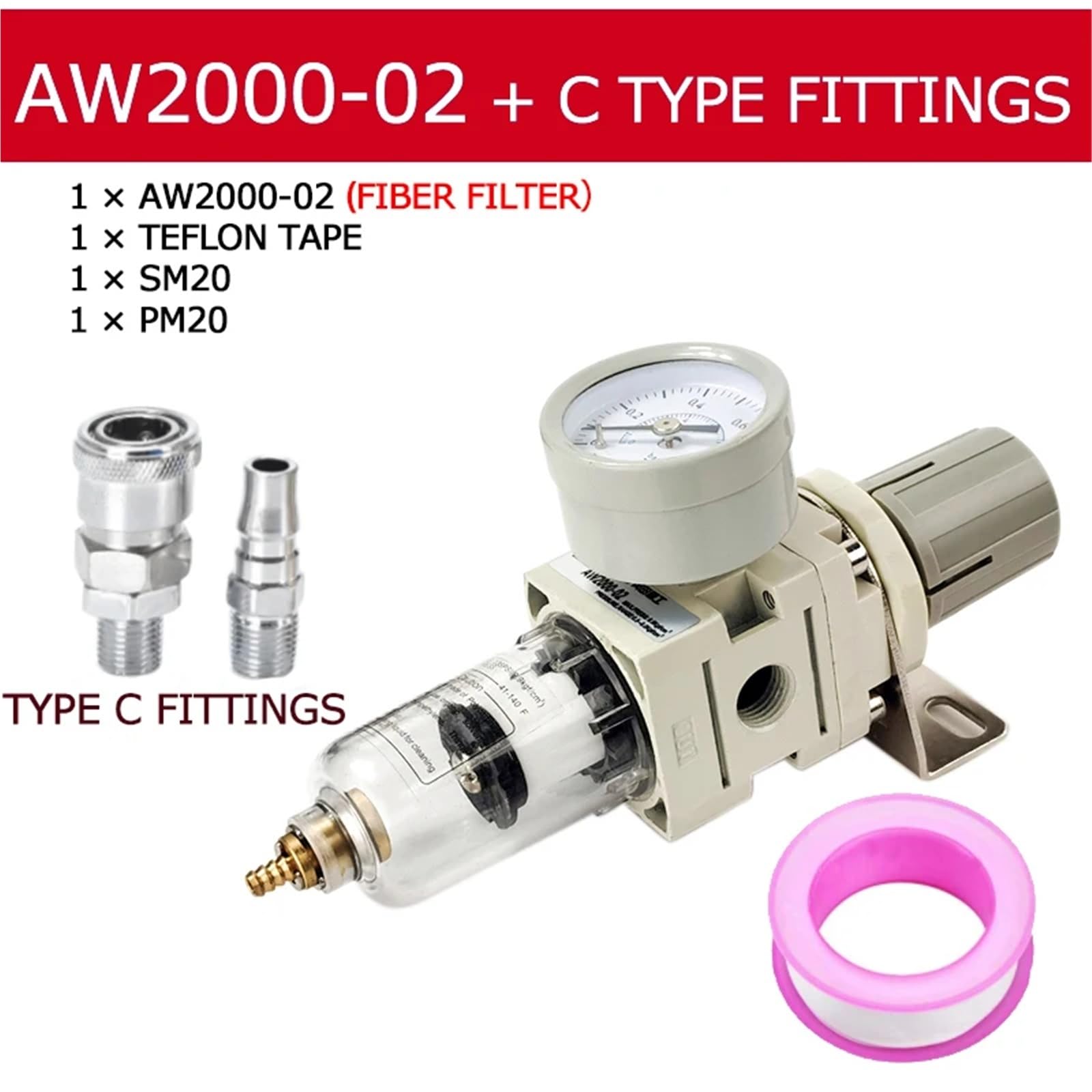 Regulador de presión de filtro de aire neumático AW2000-02 de 1/4" con manómetro (1 unidad)(AW2000-02 F C)