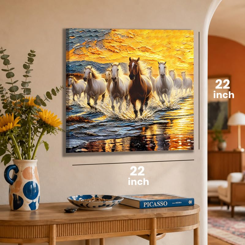 Image of PAINTINGMANTRA 9 Running Horses Vastu Stretched Canvas Painting For Living Room| Strength & Forward Energy Nine Horse Painting for Bed Room, Home & Office, 22x22 Inch