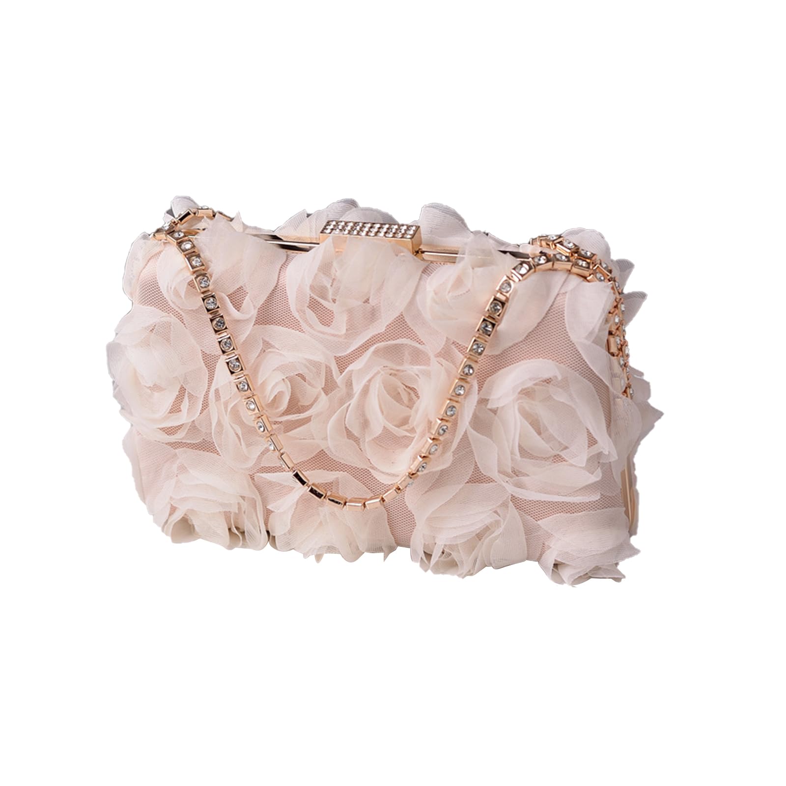 CORIOS Pochette da Donna in Raso Floreale con Paillettes, Borsa da Sera a Petalo Lussuoso a Tracolla per Sposa, Ballo, Cocktail, Festa - Champagne