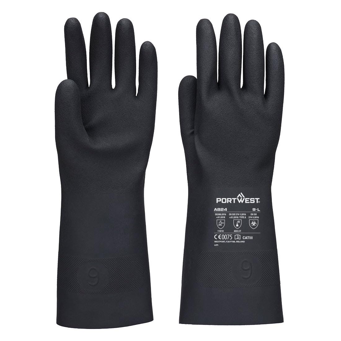 Portwest A824 Chem 350 Manchette en butyle, gants chimiques, noir, taille 10/XL