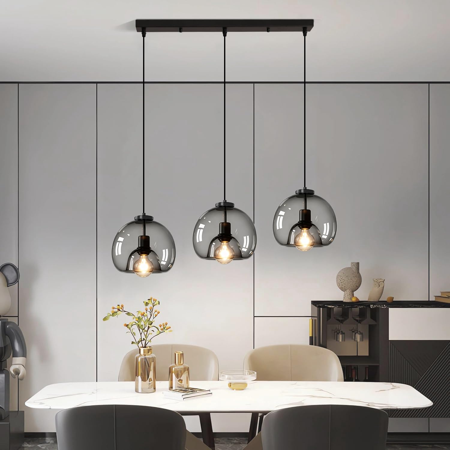 Lampada a Sospensione in Vetro Vintage, 3 luci Lampadario da Soffitto Cucina E27, Paralume Vetro Trasparente Nero, Bianco Caldo 3000K Altezza Regolabile per Camera da Letto, Sala Da Pranzo, Kitchen