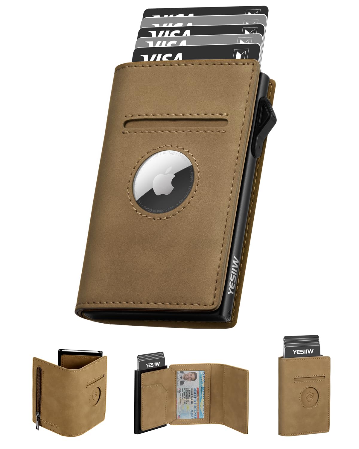 YESIIW Airtag Portafoglio Uomo per Apple Air Tag, Portafoglio Airtag con Blocco RFID Portacarte Uomo con Airtag, Finestra ID & Monete, Pop-up Porta Carte per 10 Cartes (Marrone Chiaro