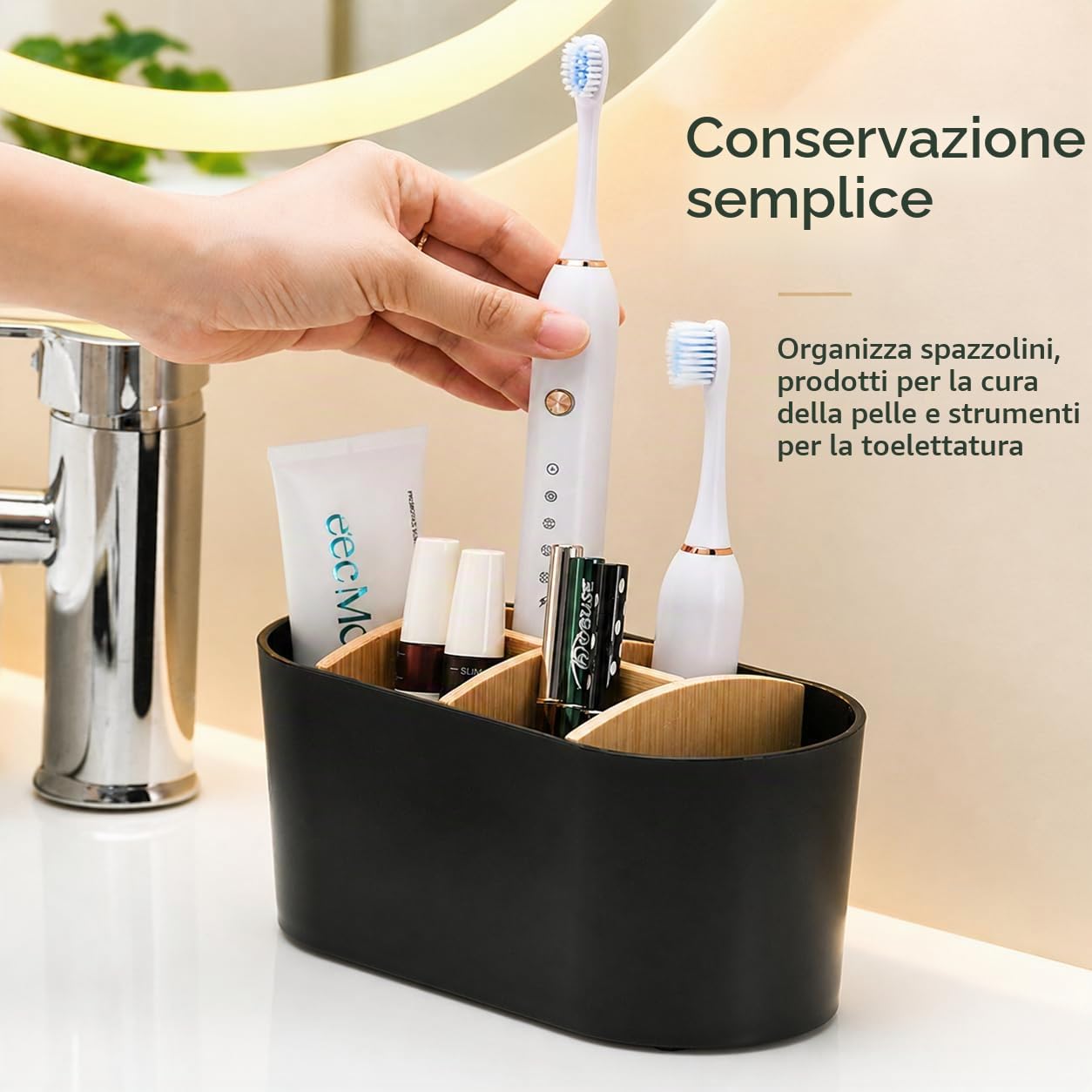 Porta Spazzolino Elettrico da Appoggio, Organizer Bagno con 6 Scomparti e Divisori in Bambù Rimovibili, Portadentifricio Multifunzione per Lavabo Cucina Soggiorno, Nero