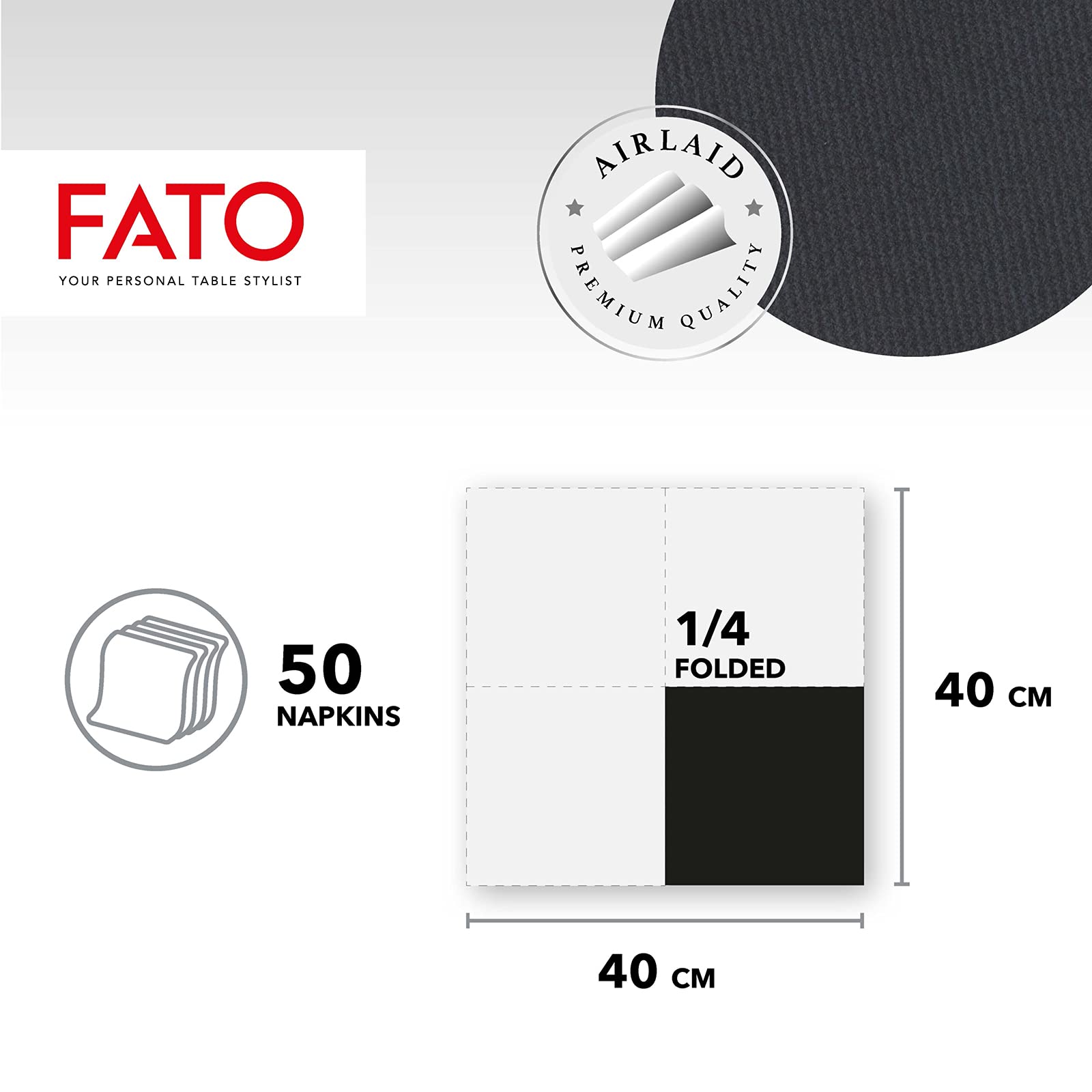 Fato - suche serwetki papierowe, Airlaid, efekt materiału, opakowanie 50 serwetek, rozmiar 40 x 40 złożone w 4, kolor czarny