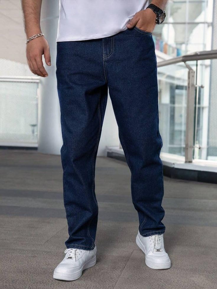 Image of Men's Relaxed Fit Stretch Denim Jeans - Mid-Blue Wash Straight Leg Pants for Everyday Wear | Comfortable Casual Jeans with Deep Pockets