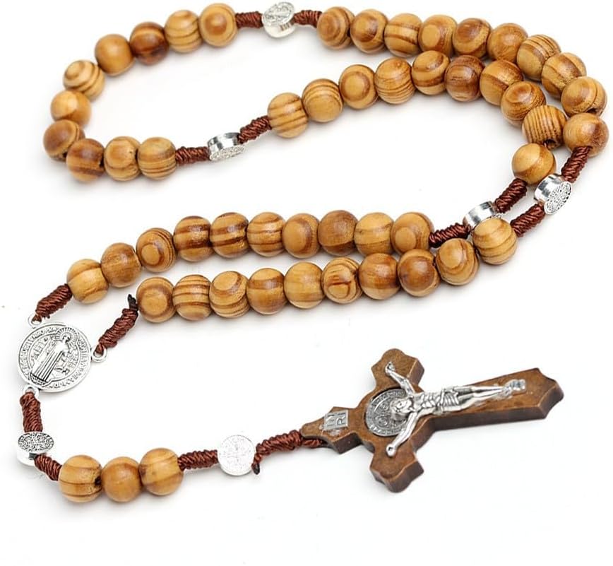 Siganorpy Wood Rosary Necklace Wooden Smooth Beads Catholic Cross Necklace Re...