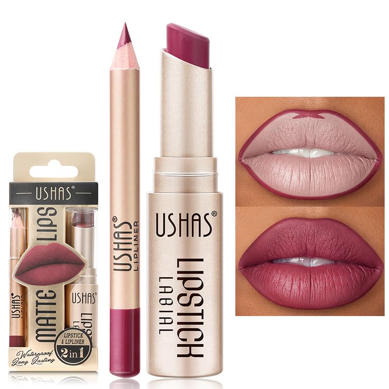 Amazon.com : USHAS Lipstick and Lip Liner Combo Set 2 in 1 Waterproof ...