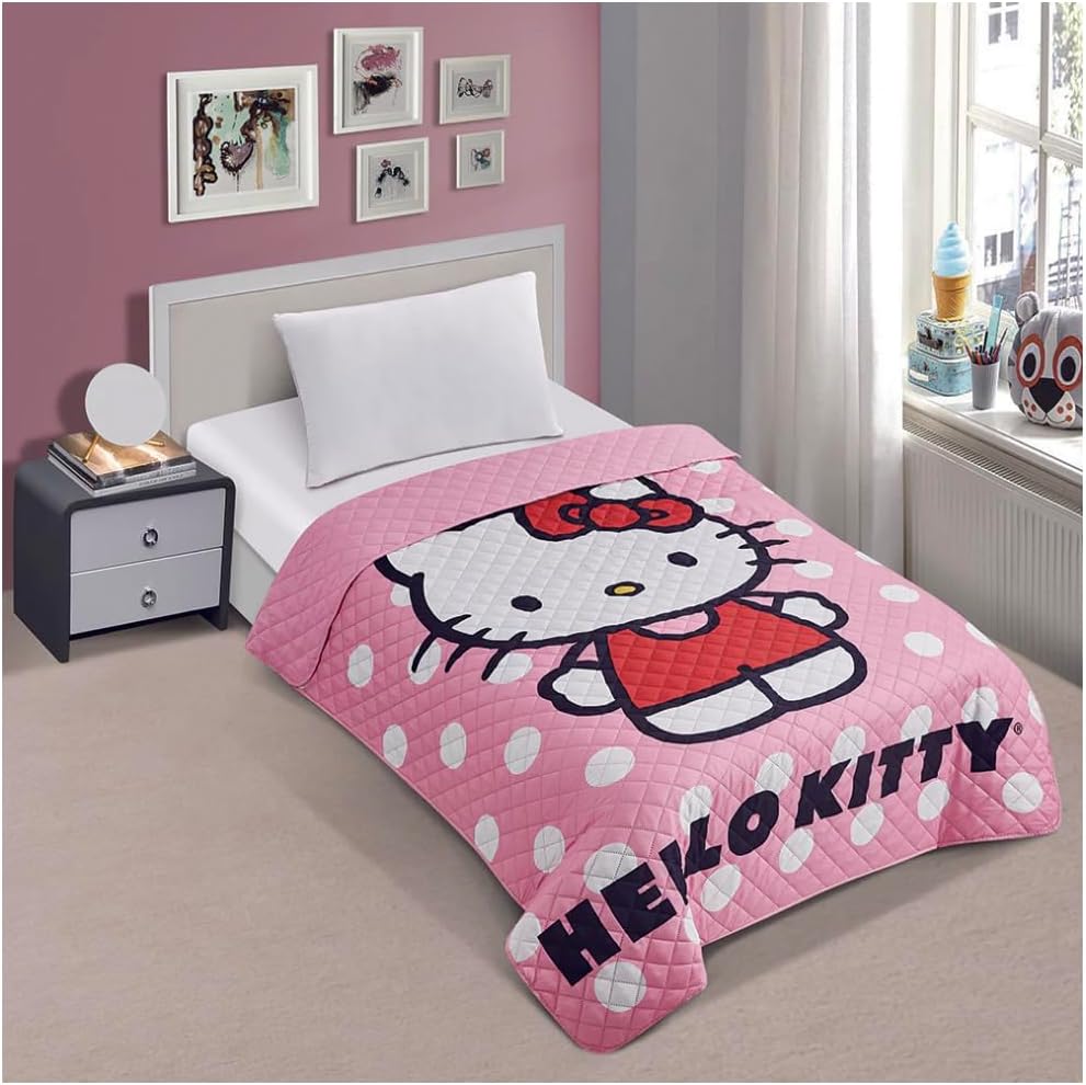 Jay Franco Pink Hello Kitty Polka Dots Twin Quilted Bedspread Only, JF14540