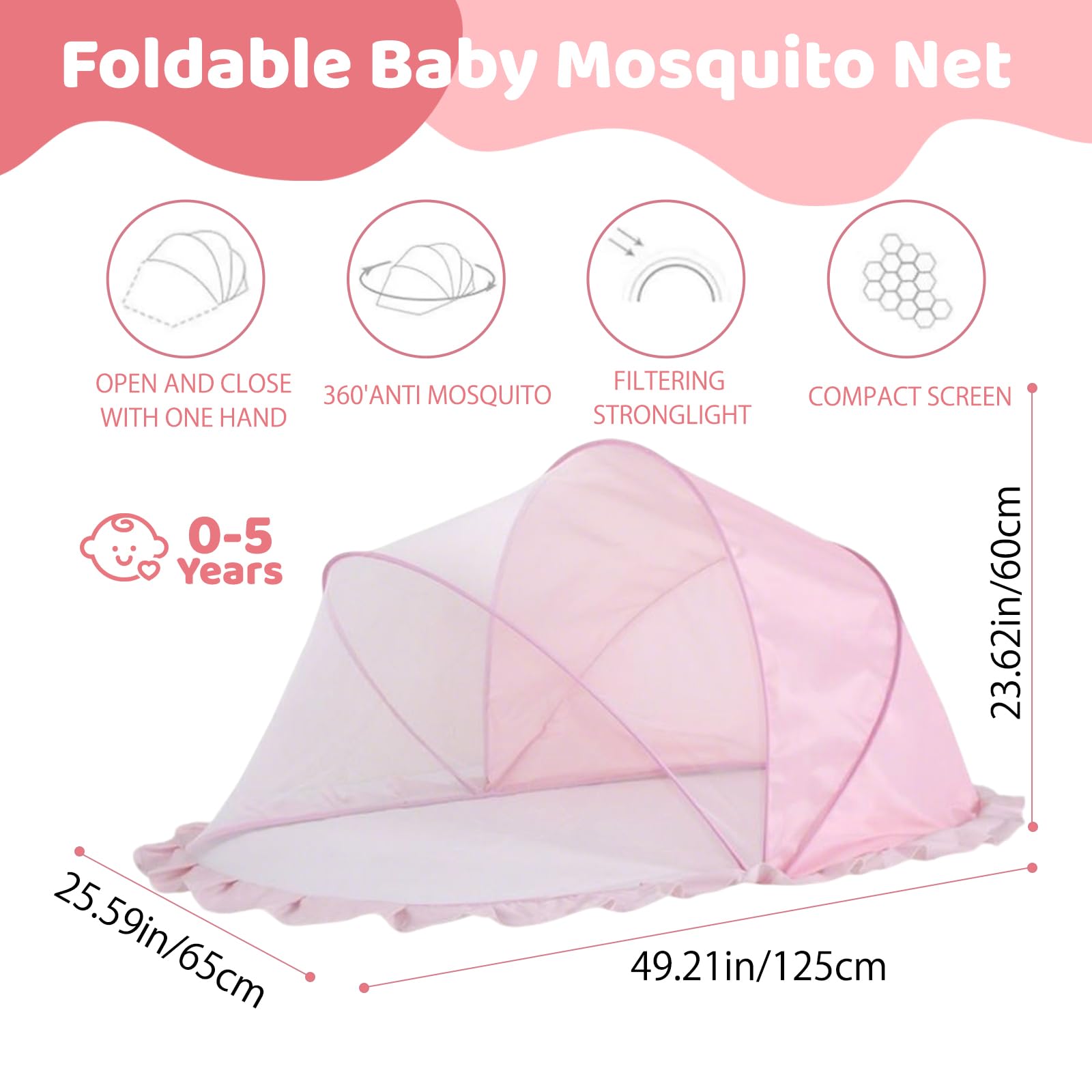 Zanzariera Pop Up 125 × 65 × 60 cm, Semi Ombreggiante, Pieghevole e Portatile, Zanzariera per Culla Neonato, Zanzariera Traspirante per Bambini, Adatta per Letti e Viaggi (Rosa)