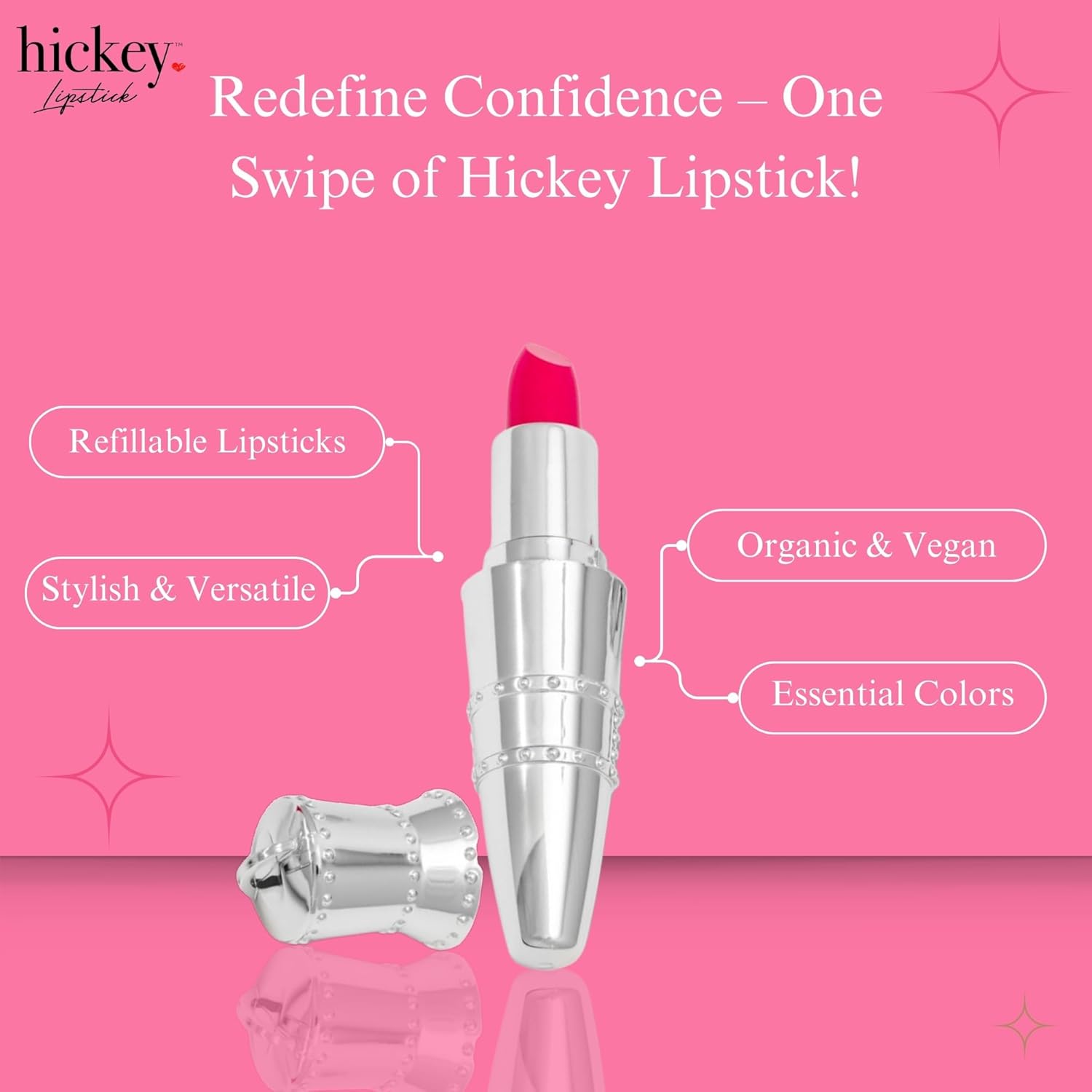 Hickey Lipstick Set - Walk of Shame (Hot Pink), Refillable Silver Case with Chain, Satin Pouch & Ribbon (Wearable Necklace), Long Lasting Hydrating Velvet Finish Lipstick for Women, Vegan, Gluten-Free