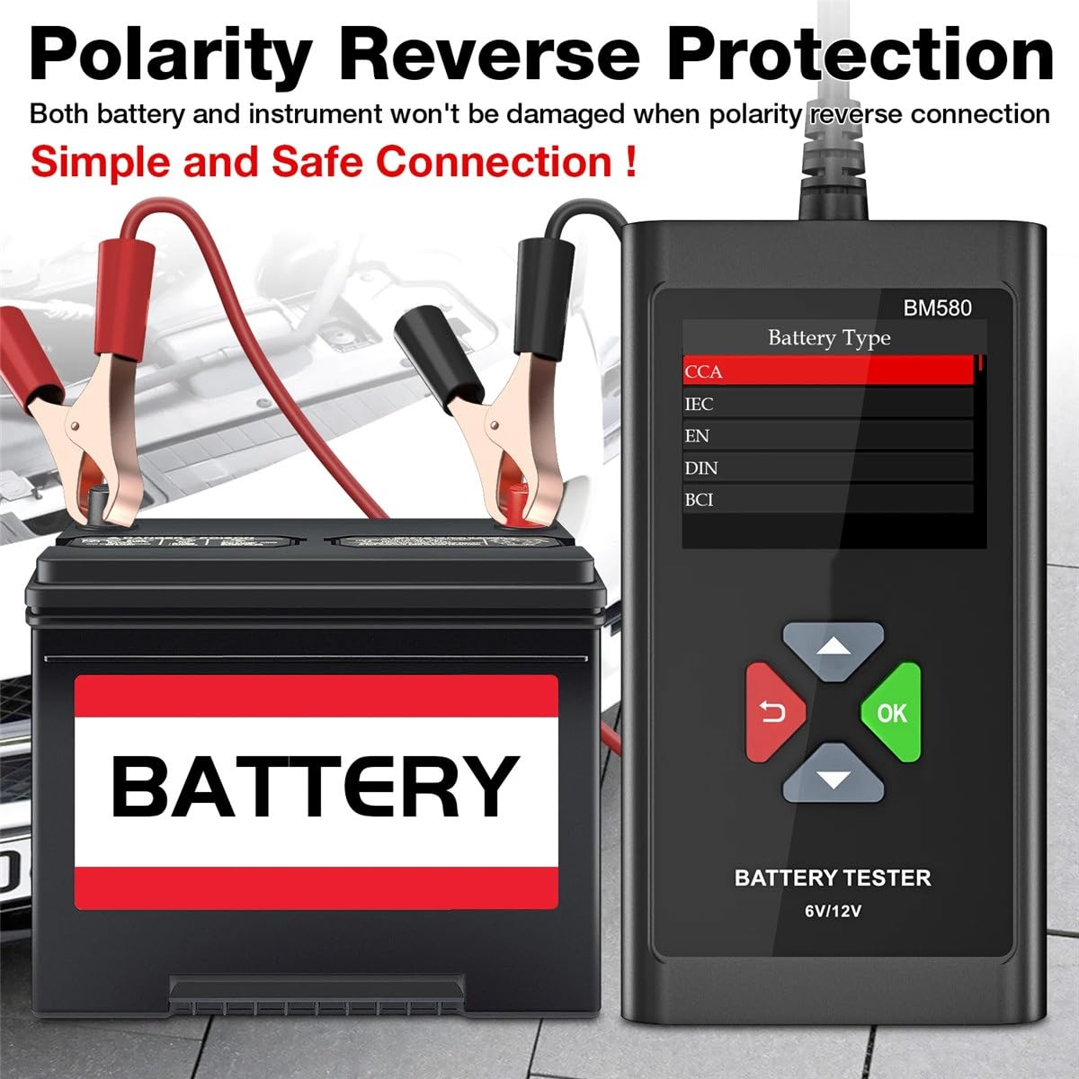 BM580 tester connected to a car battery with red and black clamps