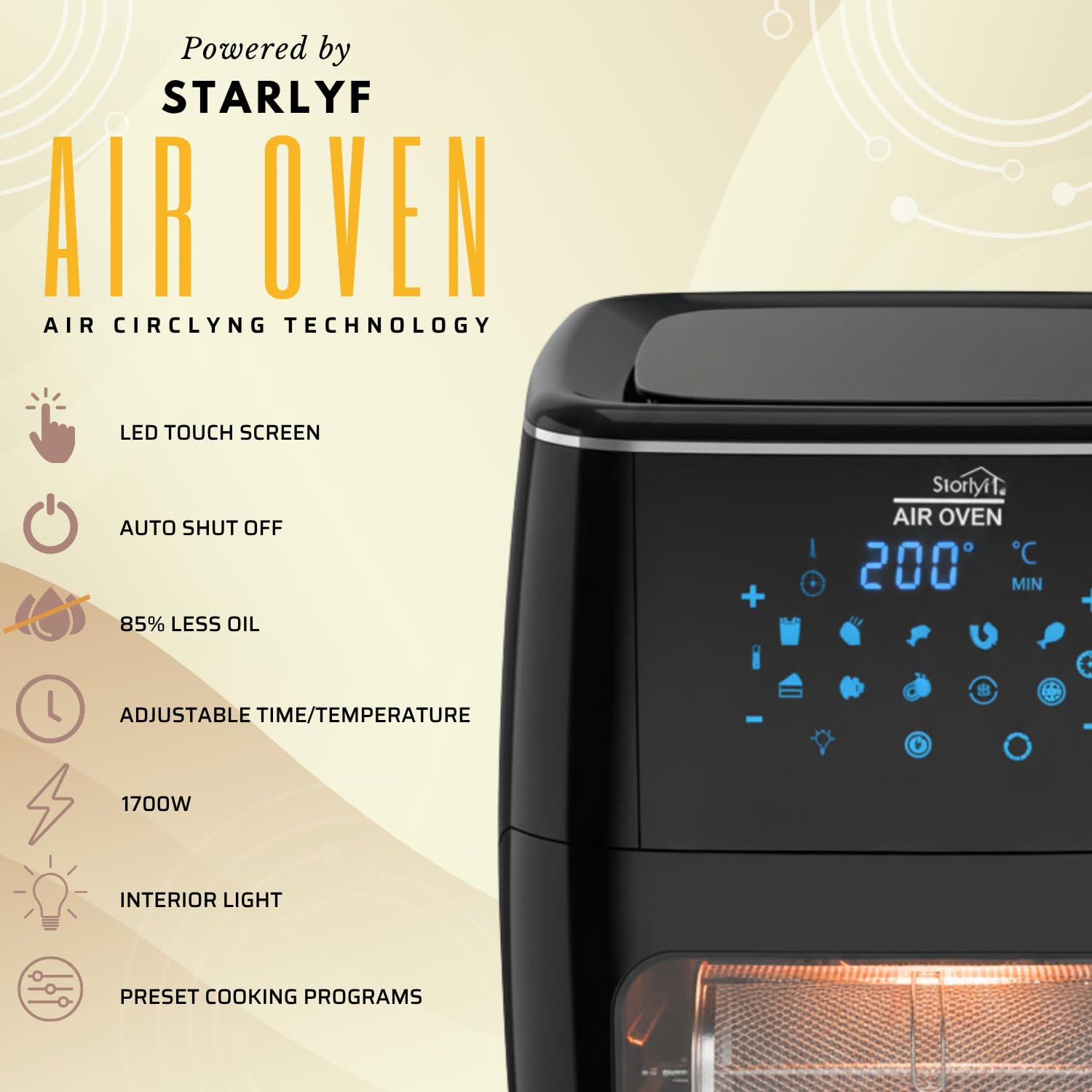 STARLYF Air Oven Freidora de Aire, Horno de Aire eléctrico, 1700W - 12L, Tecnología Air Cycling, 10 Programas, Freidora de Aire 65-200℃, Panel LED táctil, Fácil de Limpiar