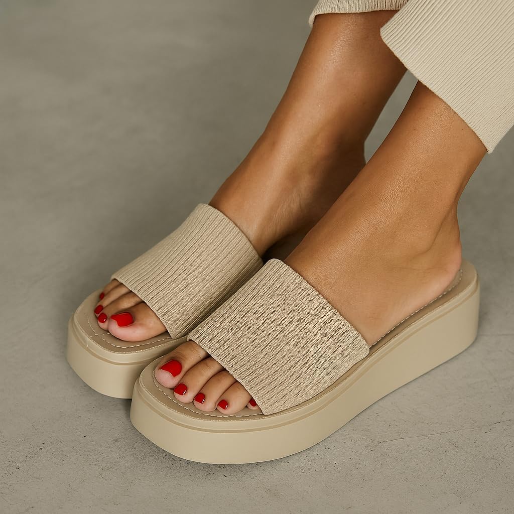 CUSHIONAIRE Pim Wedge Chunky Platform Womens Sandals with Stretch Knit Upper & Memory Foam Summer Sandals for Women 8.5 Taupe Weave image 6 of 9 B09M93N198