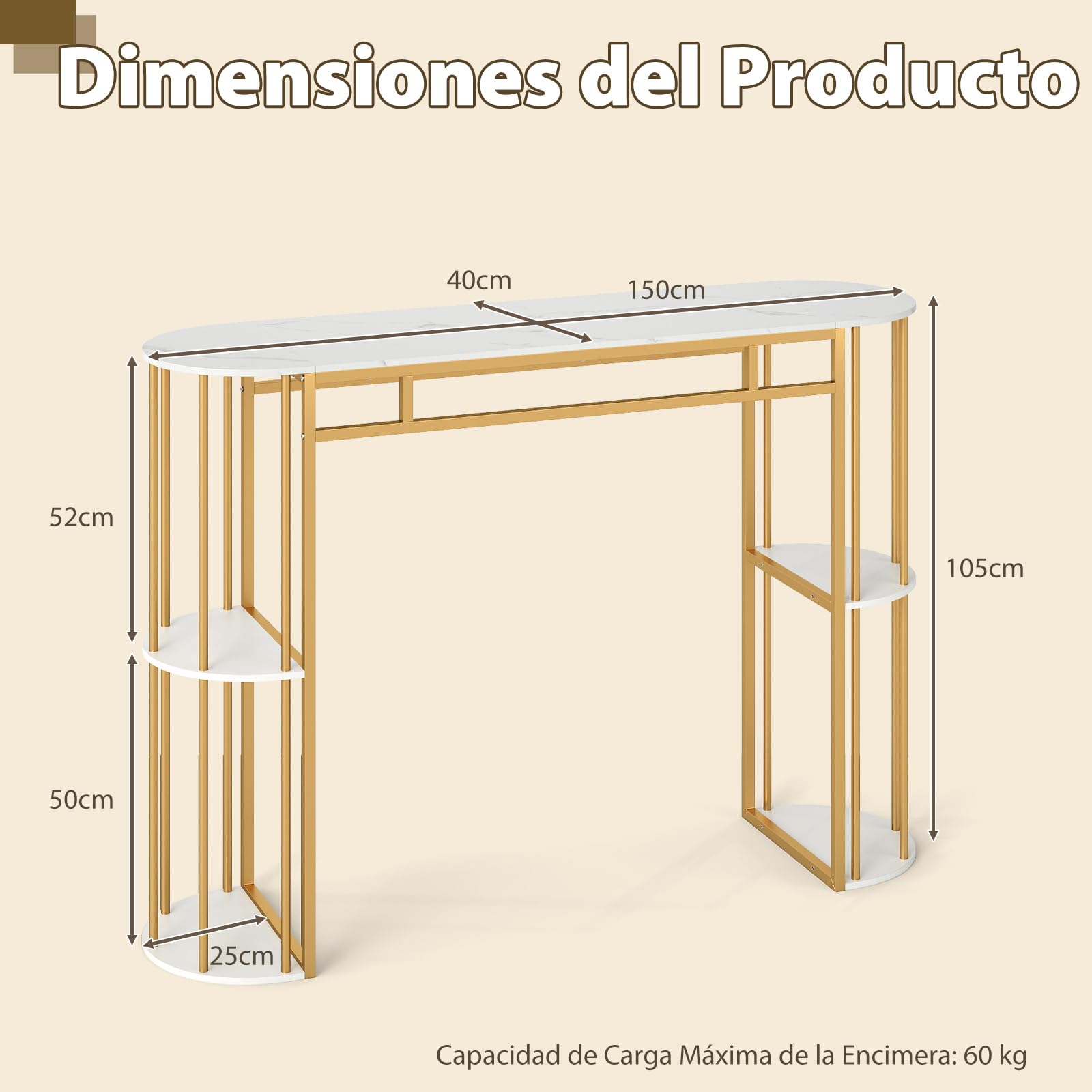COSTWAY Mesa Alta de Cocina, Mesa Alta de Bar Rectangular con Estantes de Almacenamiento, Estructura Metálica, Encimera Efecto Mármol, Barra Estrecha para Cocina, Bar, 150x40x105 cm (Dorado y Blanco)