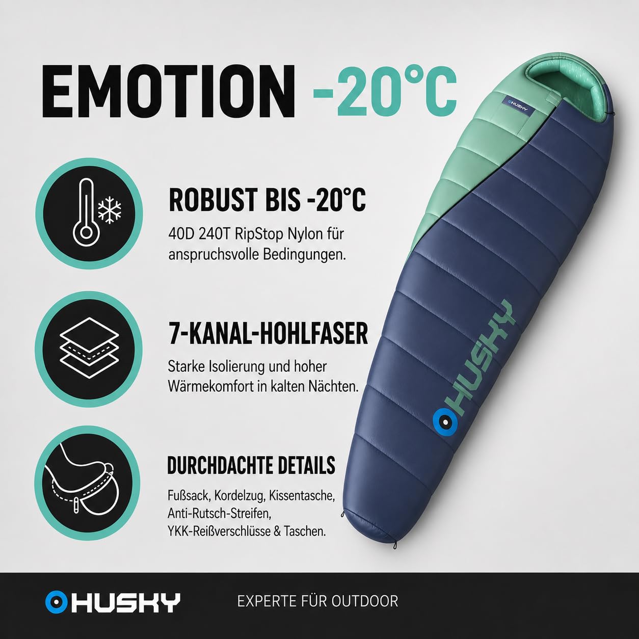 Husky Emotion - Sacco nanna invernale per adulti, 4 stagioni fino a -20 °C, per campeggio, trekking e attività all'aperto (blu/menta, 210 x 85)