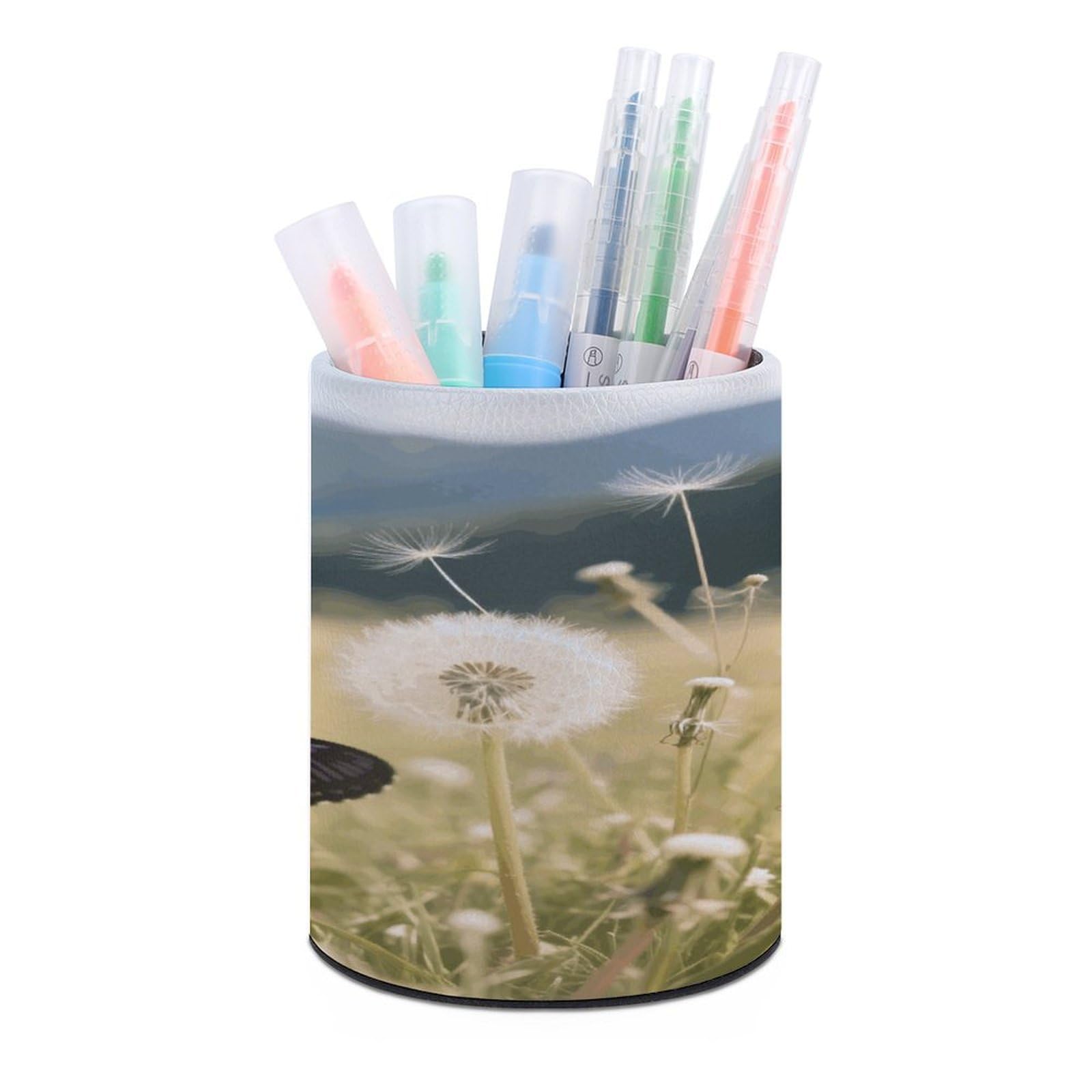 VstaDank - Round Butterfly Pen Holder PU Leather Desk Organizer for Desk Office Home Decor (3.1 x 3.9 inch)