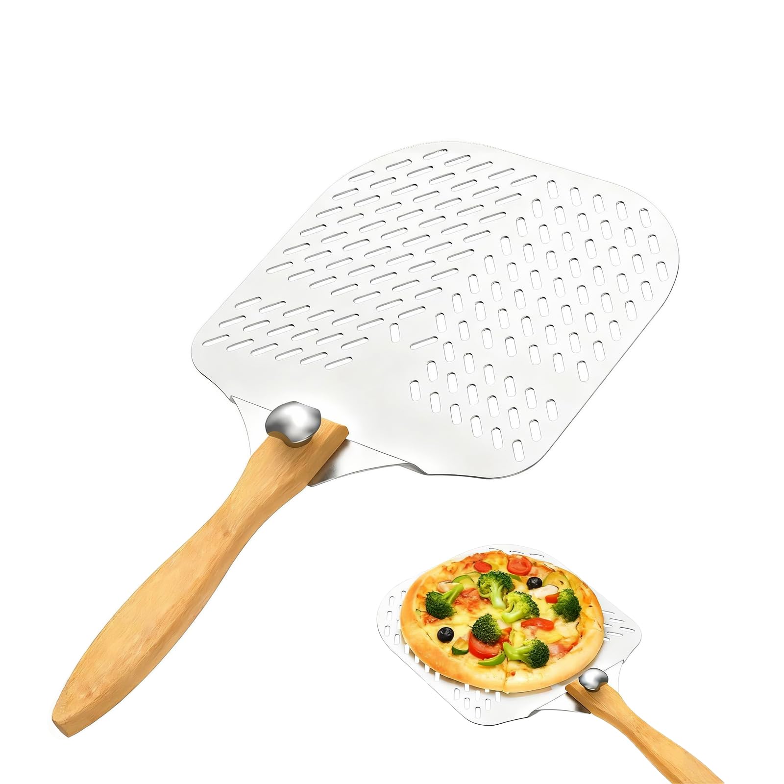 Yumzxin 12" Aluminum Pizza Peel - Perforated Non-Stick Pizza Paddle with Foldable Wooden Handle for Outdoor Ovens & Artisan Breads
