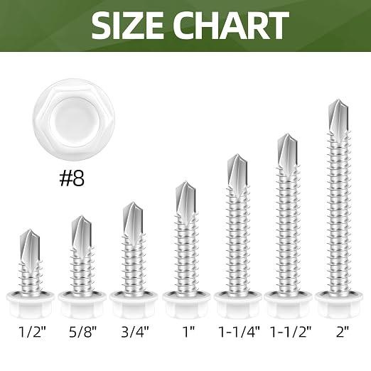 #8 x 1-1/2" (50 PCS) Tornillos de chapa con cabeza hexagonal, autoperforantes, con arandela, sistema de atornillado incluido miniatura 6