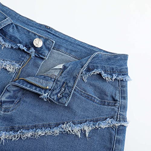 Image of THUNDER STAR Women Mid Rise Ripped Stretchy Jeans Shorts Frayed Raw Hem Casual Denim Shorts
