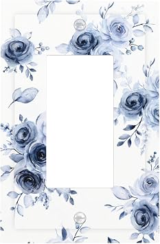Watercolor Blue Roses Light Switch Cover Plate White Decorative Floral Rocker Switch Cover Wall Plates Outlet Covers Midsize 1-Gang 5" X 3" Single Decorator