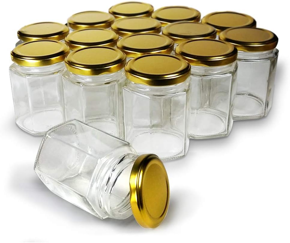 Hexagon Jars Gold Lid (15pcs, 4.0 oz) Hexagon Glass Jars with Gold Plastisol Lined Lids for Jam Honey Jelly Wedding Favors Baby Shower Favors Baby Food DIY Magnetic Spice Jars Crafts Canning Jars