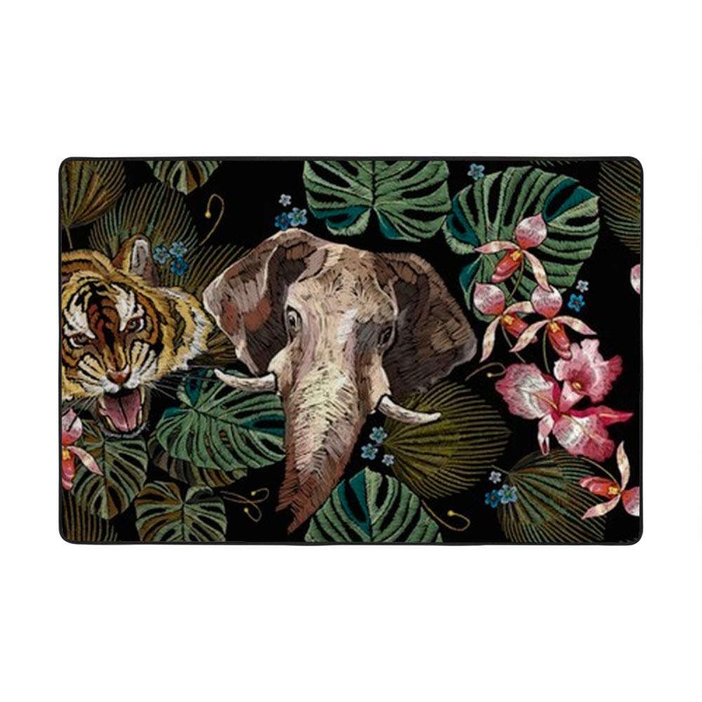 Tapis jungle tropicale brodé motif éléphants grand format 203x147 Ruchen