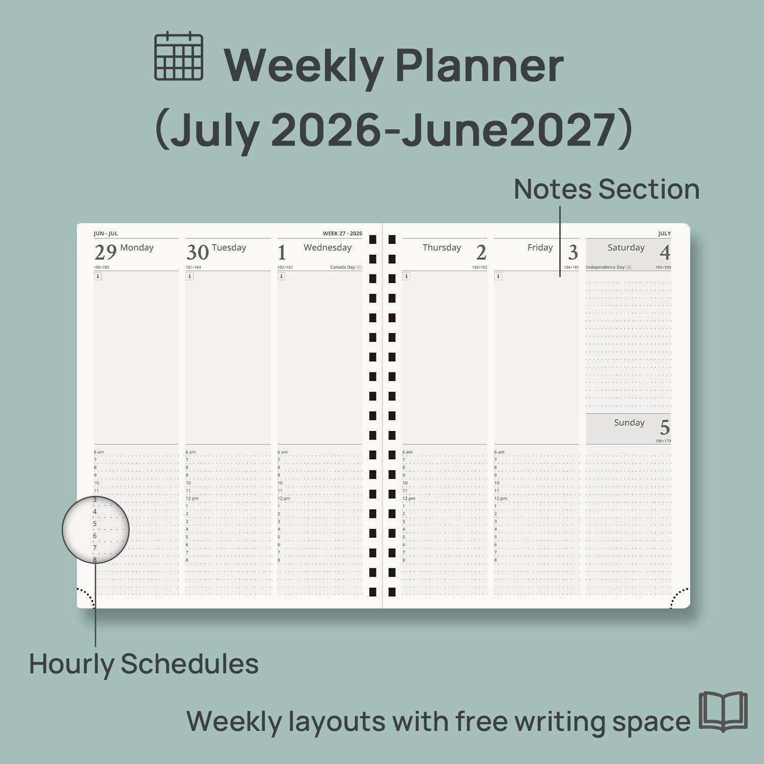POPRUN Agenda settimanale 2026-2027, 25,4 x 20,3 cm, calendario settimanale e mensile | Agenda giornaliera da luglio 2026 a giugno 2027, con calendario orario, schede, copertina rigida, verde scuro