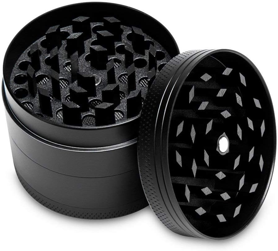 KACOOL Spice Grinder Crusher, 2.5 Inch 4-Piece Zinc Alloy Herb Pepper Grinder with Pollen Catcher Mini Weed Crusher for Kitchen (Black)