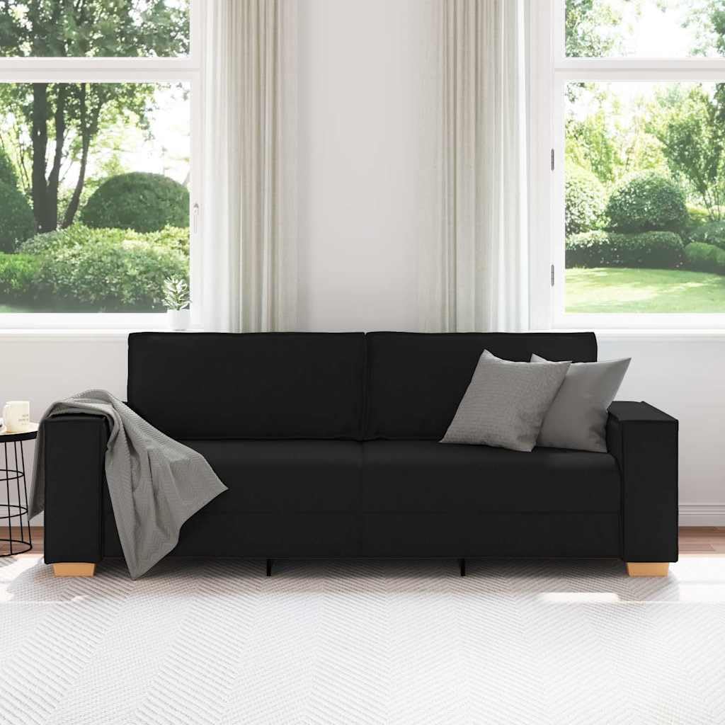 Sofá de 3 plazas, color negro, 220 x 78 x 84 cm, tela 100% poliéster, estructura de madera y metal, reposabrazos anchos cómodos para salón, oficina, habitación de invitados