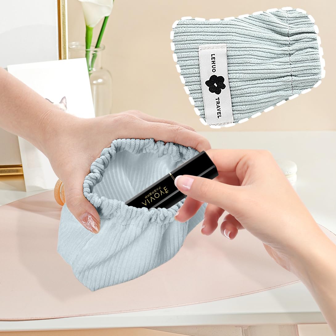Koonafy 2pcs Corduroy Elastic Hair Tie Organizer Portable Travel Small Makeup Pouch Corduroy Lipstick Storage Bag for Hair Jewelry Lipstick Coin Purse for Women(Blue+White) - Image 2