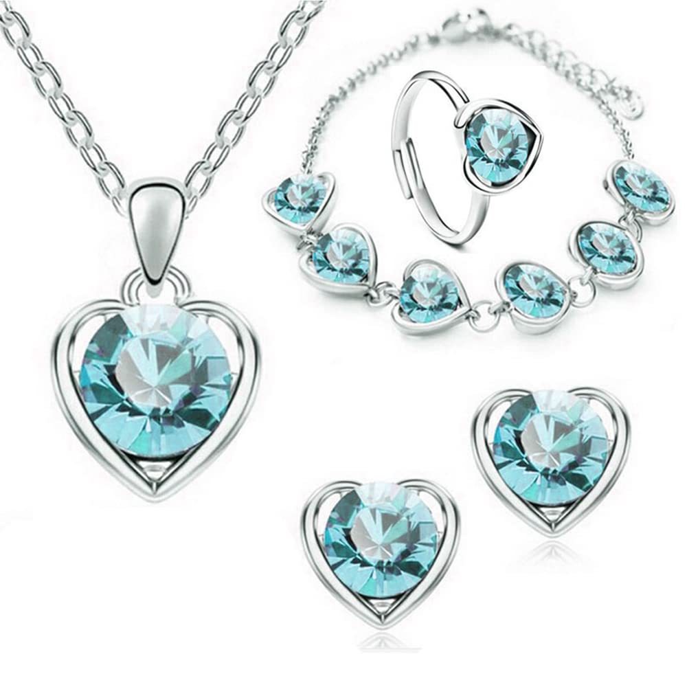 TOFBS Conjuntos de Joyas para Mujer y Niñas Corazón Cristal Collar con Colgante Pendientes Pulsera y Anillo Juego de Joyas Boda Fiesta Cumpleaños Día de San Valentín Regalos