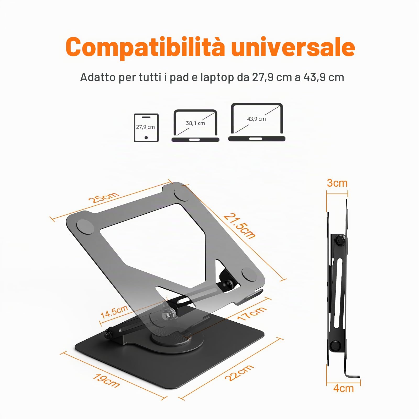 GRIFEMA GB1050 Laptop Stand Ergonomico Regolabile Girevole 360° per Portatili 11-17" Nero