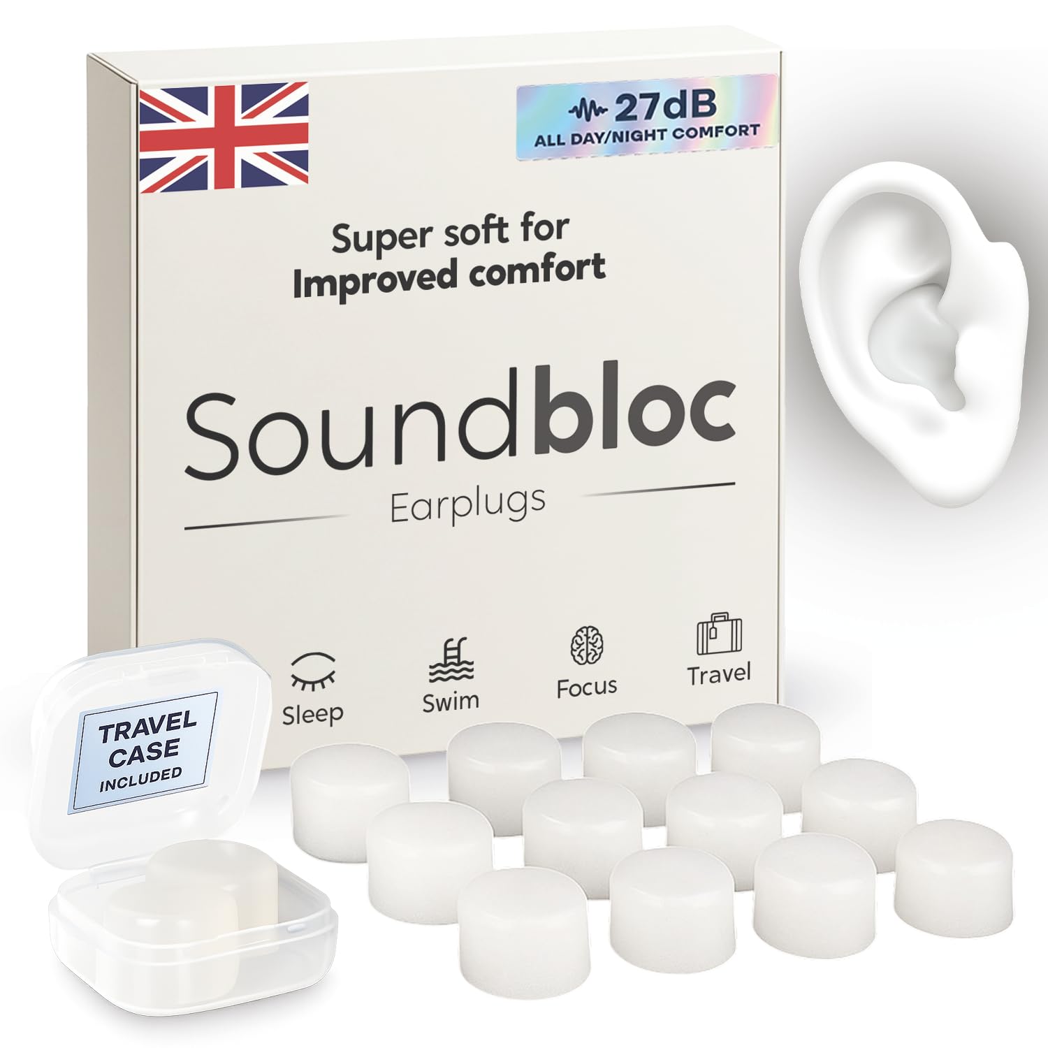 Ear Plugs for Sleep - Custom Fit Noise Cancelling Reusable Soft Silicone, 27dB Sound Reduction - Swimming, Travel, Focus, Work. (Air, Small - Medium)