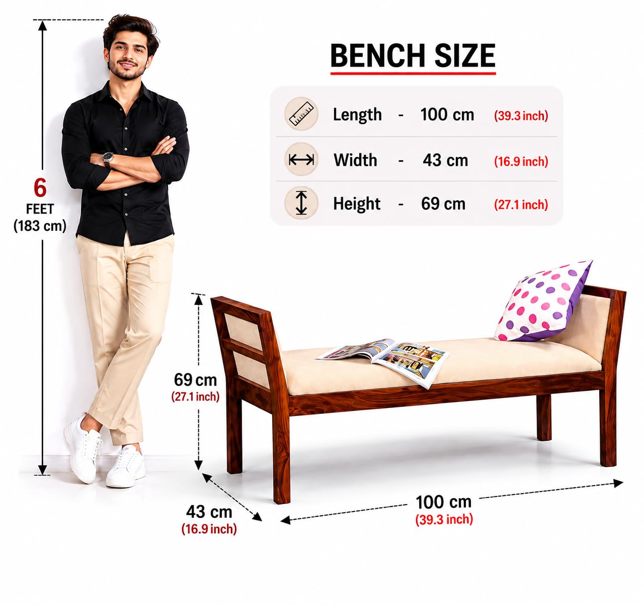 IThree Solid sheesham Wood 2 Seater Bench Living Room (Style 1) 1