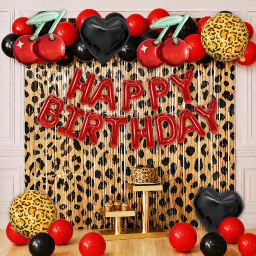 Image of Cheetah Print Birthday Party Decorations with Leopard Print Foil Fringe Curtains,Happy Birthday Letter Balloons, Heart,Cherry,Leopard Round Foil Balloons,Latex Balloons for Birthday Party Women Girl