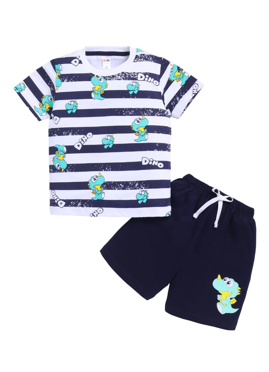 LITTLE NINJA Cotton Half Sleeves Baby Dinosaur Printed Tee & Coordinating Shorts Set – White and Navy