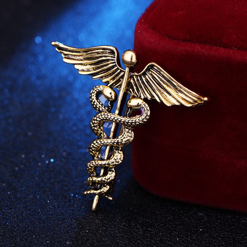 Image of Dreuyet Medical Caduceus Angel Nurse Brooch Pins for Nurse Doctor Medical Symbol Stethoscope Snake Caduceus RN Nursing Badge Crystal Brooches Lapel Pin Wand Brooch Doctor Nurse Therapist Appreciation Jewelry Gift