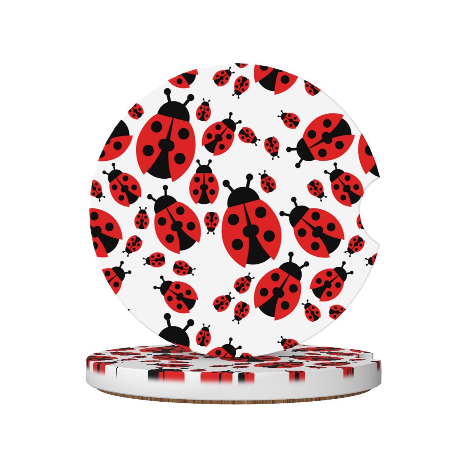 Set of 2 Cartoon Red Ladybug Ceramic Absorbent Car Coasters Dia 2.56"