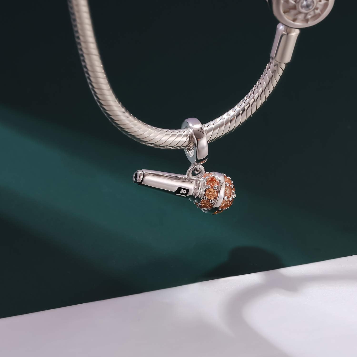 I Love Music Microphone Voice Charms 925 Sterling Silver Champagne Crystal Pendants fit Pandora Bracelet Necklace - Image 3