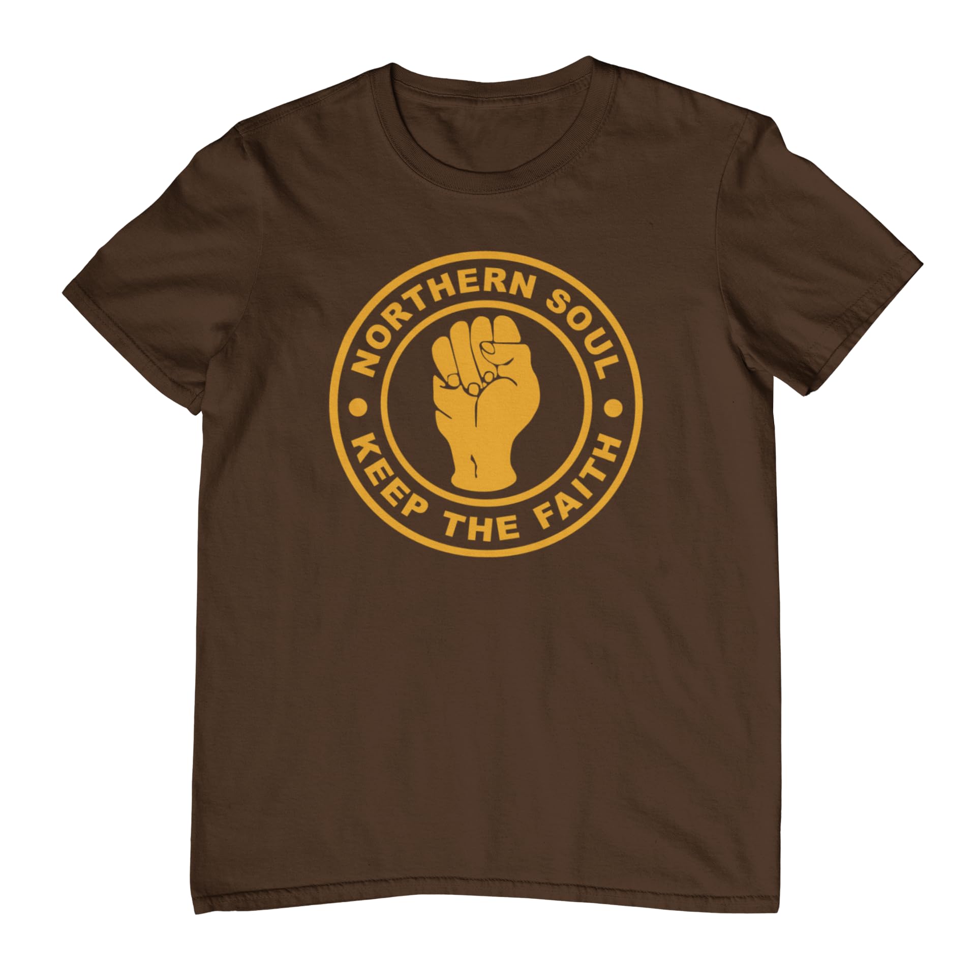 Plastic Revolution Northern Soul - Keep The Faith T-Shirt (UK, Alpha, XL, Regular, Regular, Brown T-Shirt with Yellow Print)