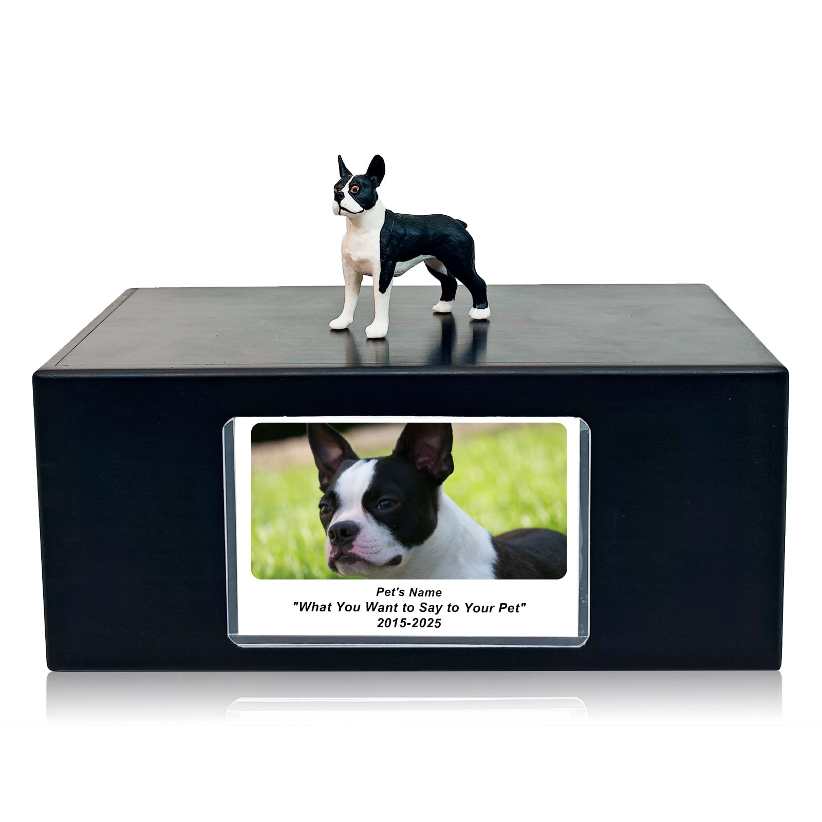 MEM PLANETE Pet Dog Urns for Ashes Memorial Gifts for Loss Lovers Shadow Box Sympathy Keepsake Small Big Cremation Casket Funerary Frame Pictures Solid Rosewood Material Boston Terriers Figurine Urn