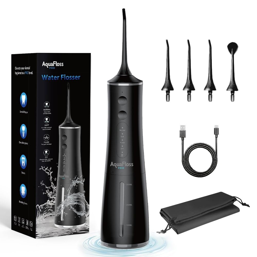 Water Dental Flosser Teeth Pick Portable Cordless Oral Irrigator 300ml Water Tank Rechargeable Travel Teeth Cleaner IPX7 Waterproof Electric Water Flosser BV609 (Black)