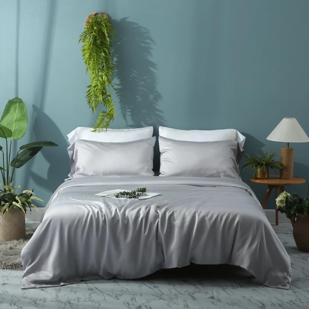 Waterlily 100% Bamboo Lyocell Bedding Set 4 Pcs Duvet Cover Flat Sheet Pillowcases Double King Size Organic Natural Soft Vegan Silk Luxury Bed Linen (Grey - Image 3