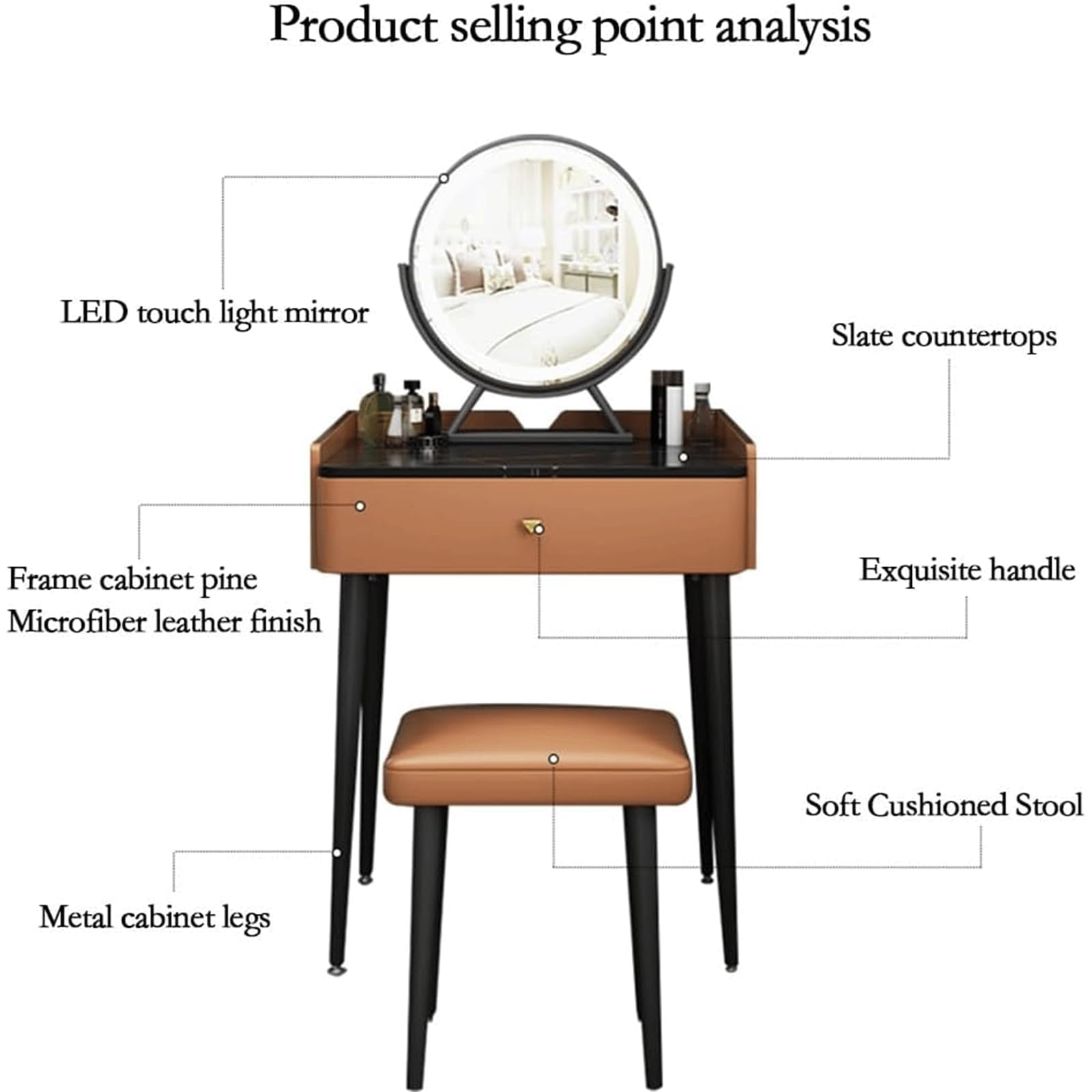 Set da trucco in ardesia nera con specchio e illuminazione, sgabello imbottito, semplice tavolo da toeletta per la casa e la camera da letto, design robusto, perfetto per gli amanti della bellezza