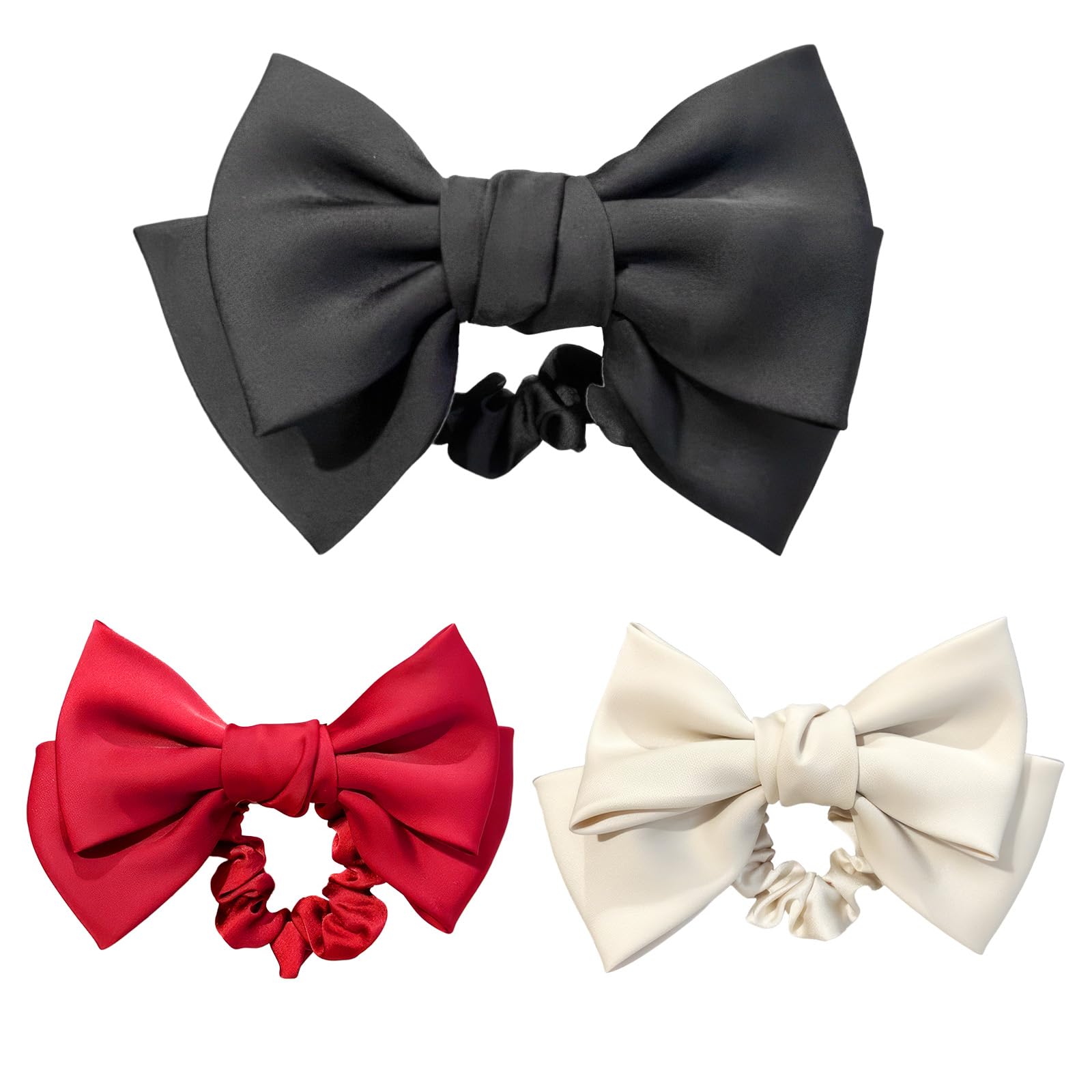 ZXCHOME 3 Pcs gomas para el pelo con lazo de seda de satén, lazos para el pelo, para mujeres y niñas (negro, rojo, beige)