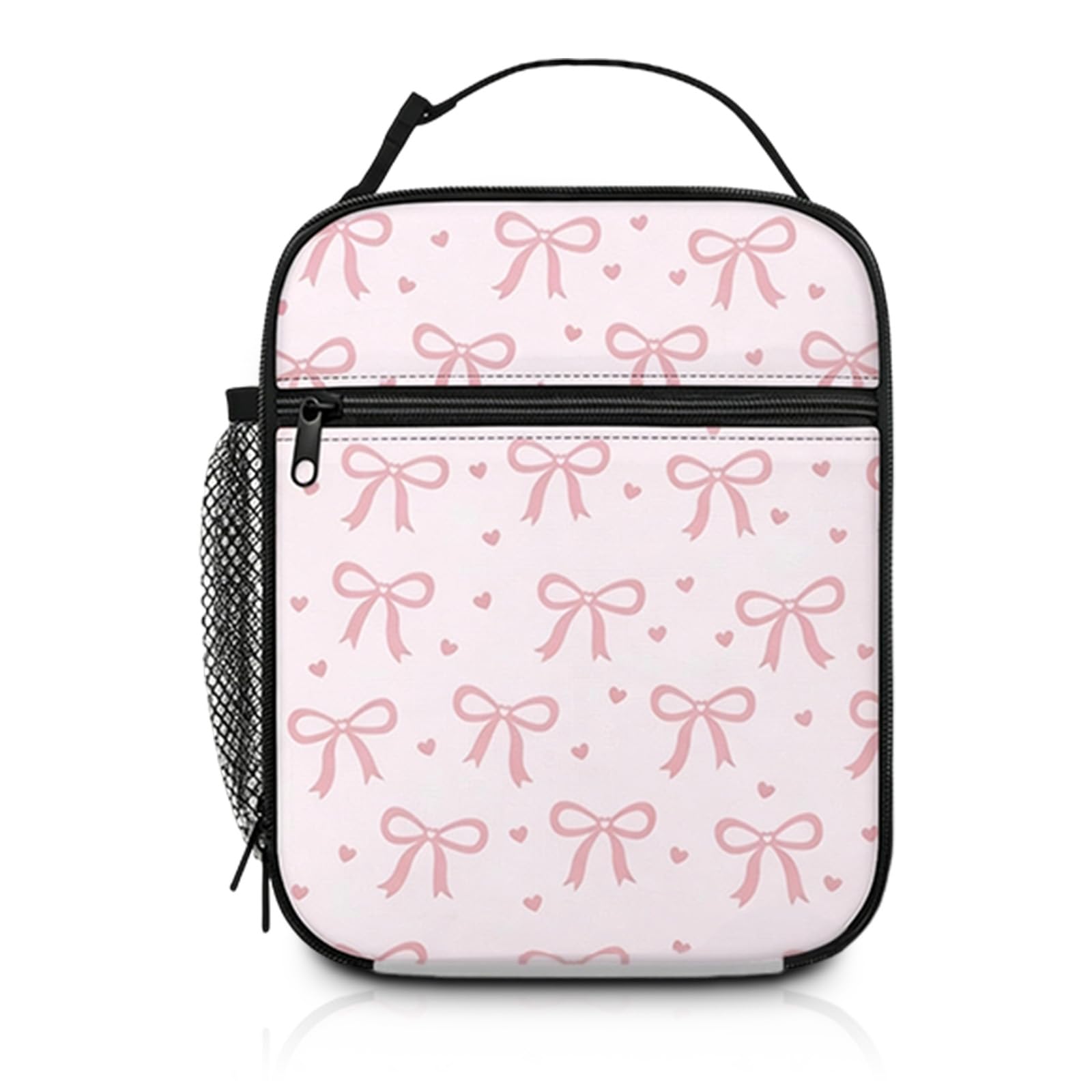 Riveta Insulated Lunch Bag Pink Bow, Cute Lunch Box Bag for Women Girls, Portable Cooler Bag with Side Mesh Pocket, Reusable Leakproof Thermal Lunchbox for School Work Beach Picnic Travel