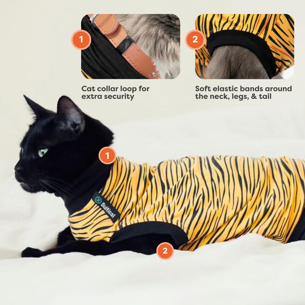 Suitical Cat Recovery Suit for Spay, Neuter, Suture, Incision, & Skin Conditions - Breathable Fabric with Back Opening - 11.4-14.6 Inches Neck to Tail - 3XS, Tiger Print
