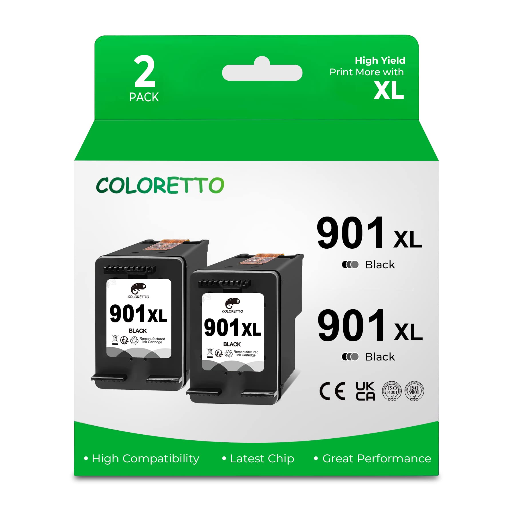 COLORETTO 901XL 2 Black Printer Ink Cartridge Replacement for HP 901 XL Compatible with Officejet J4624 4500 g510a J4500 J4524 J4540 J4560 J4580 J4585 J4600 J4550 J4660 J4680C Twin pack