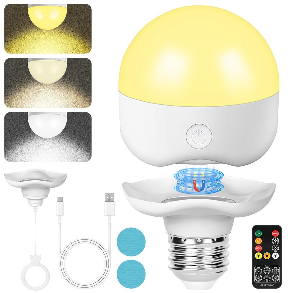 HOTUT USB Rechargeable Light Bulb with Timer and Remote, E27 Battery Powered Light Bulb for Lamp, 3 Color Temperature + 10%-100% Dimmable Battery Light Bulbs, Cordless Magnetic NightLight